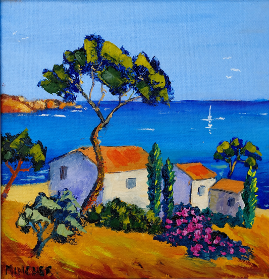 Colourful coastal village artwork with white houses, terracotta roofs, trees, flowers, and blue ocean view.