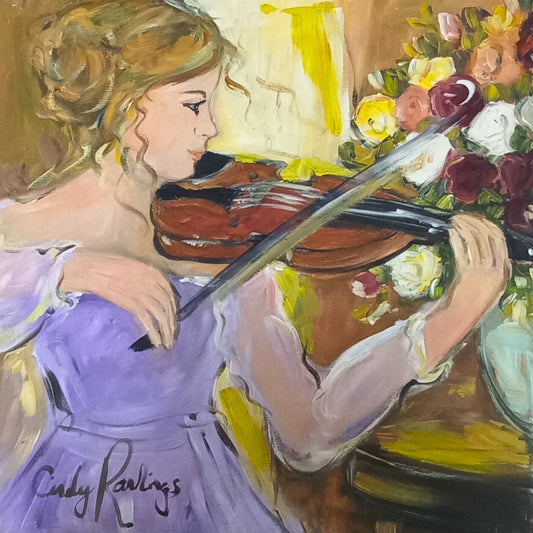Oil painting of a young girl in a purple dress playing a violin, with a colourful bouquet of roses beside her, bathed in warm, soft light.