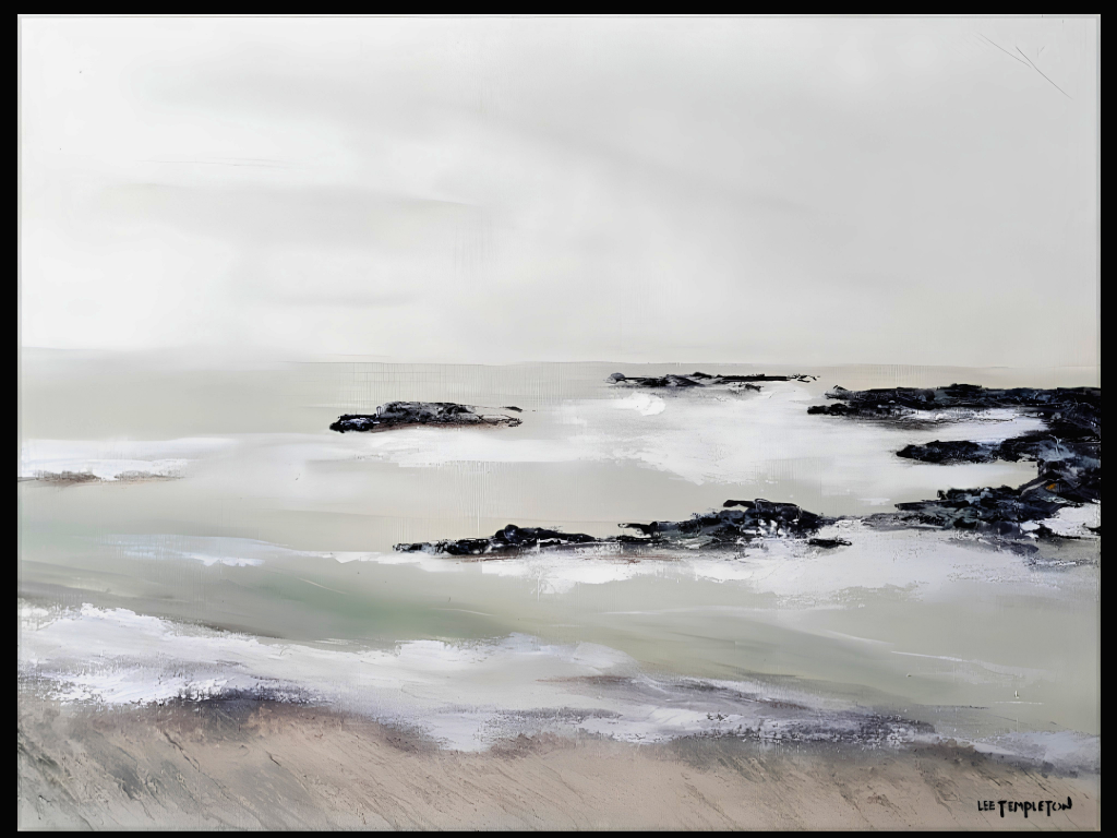 Lee Templeton original artwork featuring a quiet coastal shoreline with dark rocky outcrops and soft misty neutral tones.