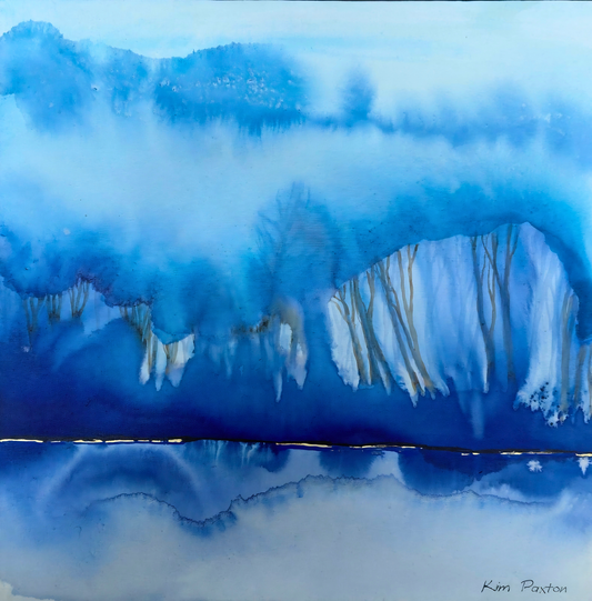 Kim Paxton original artwork featuring a blue abstract landscape with misty tree forms, cobalt tones and reflective water-like detail.