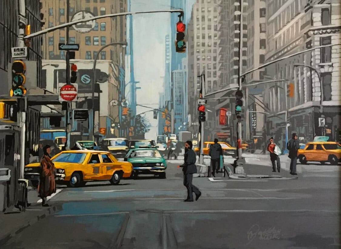 Mixed media painting of a bustling city intersection with pedestrians, yellow taxis, and tall buildings under a bright sky.