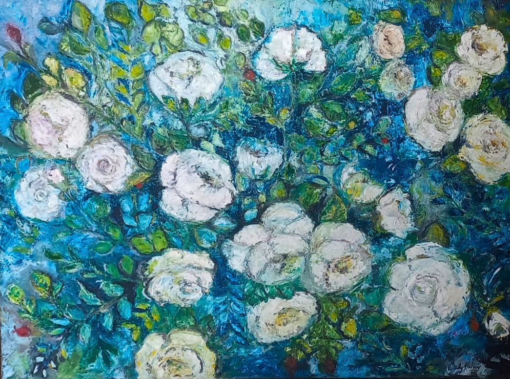 Oil painting of white roses blooming against a deep blue and green background, painted with expressive, textured brushstrokes.