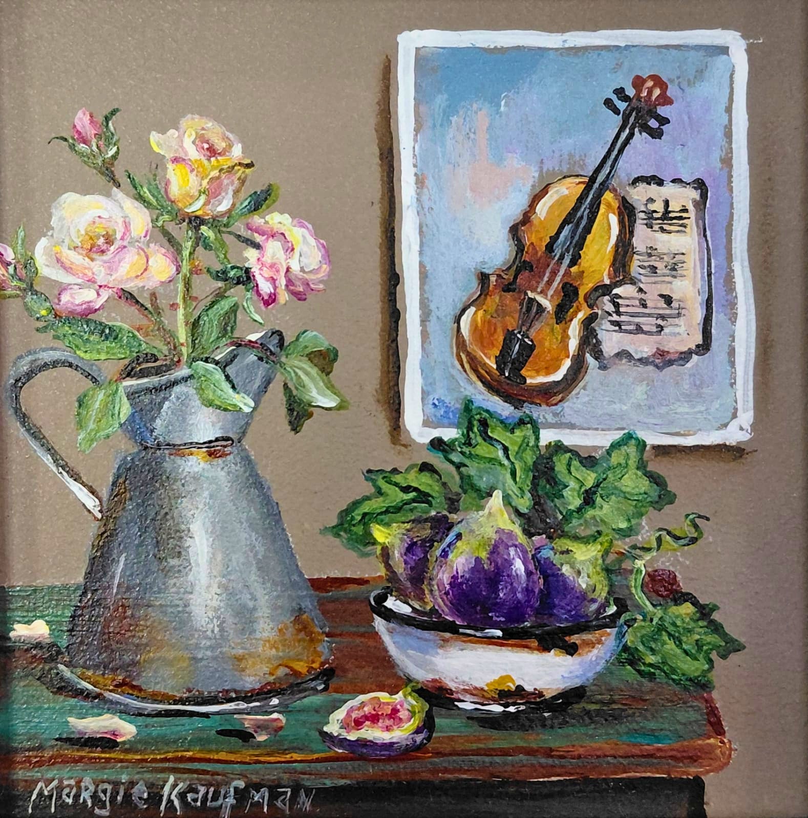 Oil painting of a still life with in a metal pitcher, figs in a bowl, and a framed violin on the wall.