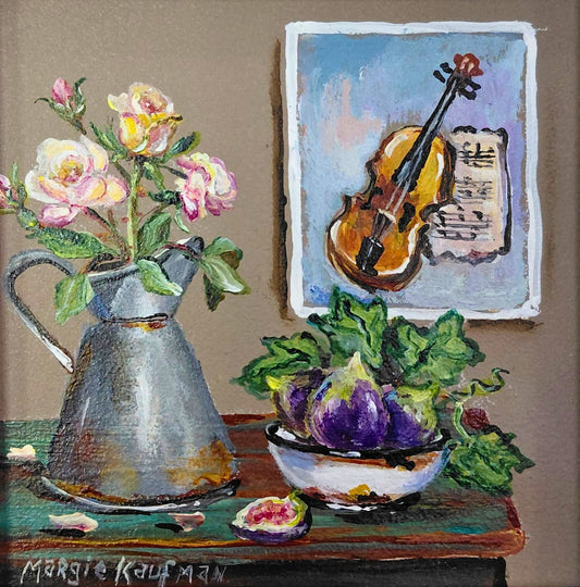 Oil painting of a still life with in a metal pitcher, figs in a bowl, and a framed violin on the wall.