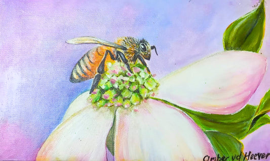 Detailed acrylic painting of a honeybee collecting nectar from a pale pink flower with green leaves, against a soft purple and blue background.