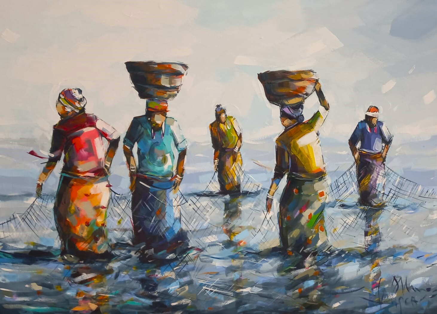 Expressive acrylic painting of five African fisher women standing in shallow water with nets and baskets, painted in bold blues, reds, and yellows.
