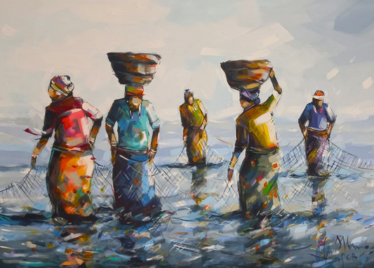 Expressive acrylic painting of five African fisher women standing in shallow water with nets and baskets, painted in bold blues, reds, and yellows.