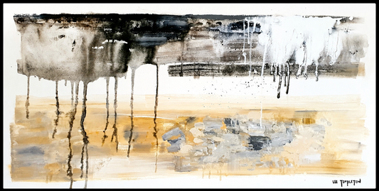Lee Templeton original abstract artwork with a horizontal composition, neutral tones, black drips, soft gold accents and textured detail.