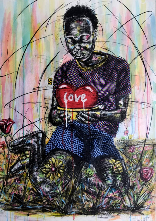Mixed media painting of a child kneeling in flowers, holding a red heart with the word “love” written on it, against a colourful striped background.