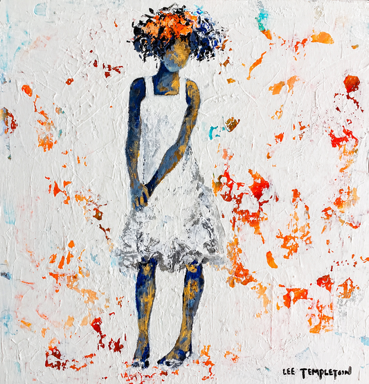 Lee Templeton original artwork showing a stylised female figure in a textured white dress with orange, blue and red abstract accents.