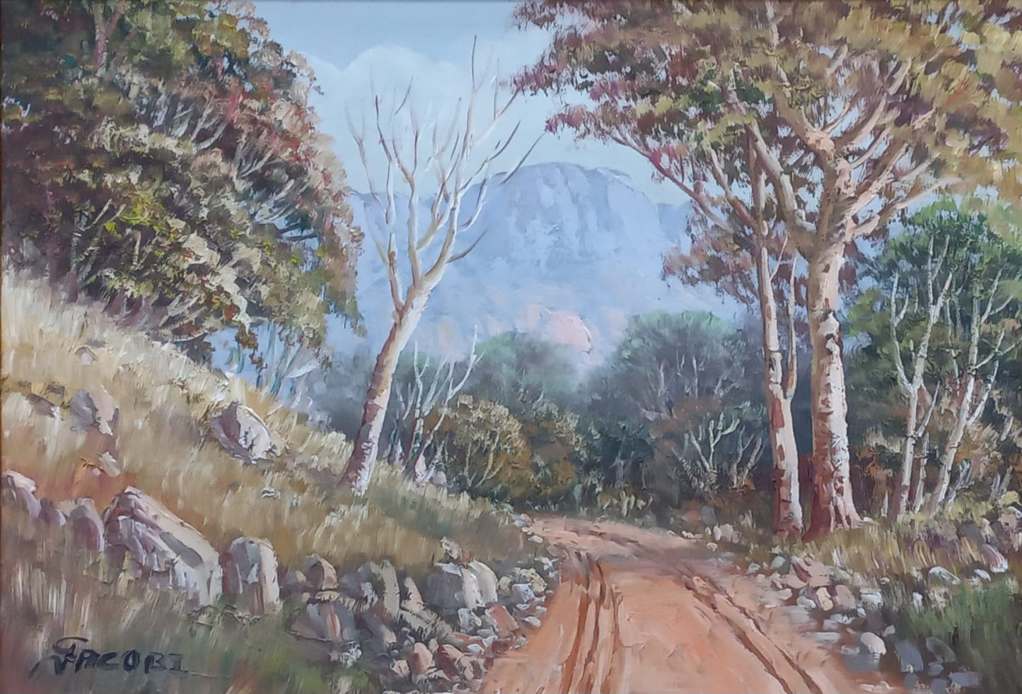 Oil painting of a winding dirt road through trees and rocky terrain, leading toward misty mountains under a soft blue sky.