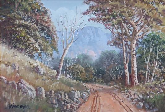 Oil painting of a winding dirt road through trees and rocky terrain, leading toward misty mountains under a soft blue sky.