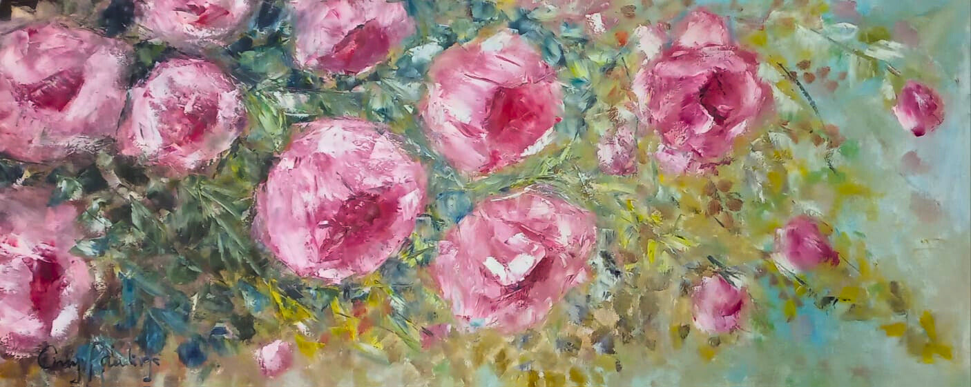 Vibrant oil painting of pink peonies in full bloom, surrounded by green leaves and hints of white flowers against a textured blue-green background.