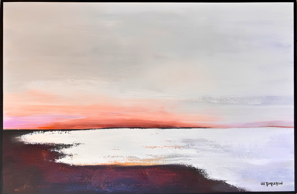 Lee Templeton original artwork featuring still water and a glowing pink horizon in a soft minimalist seascape.