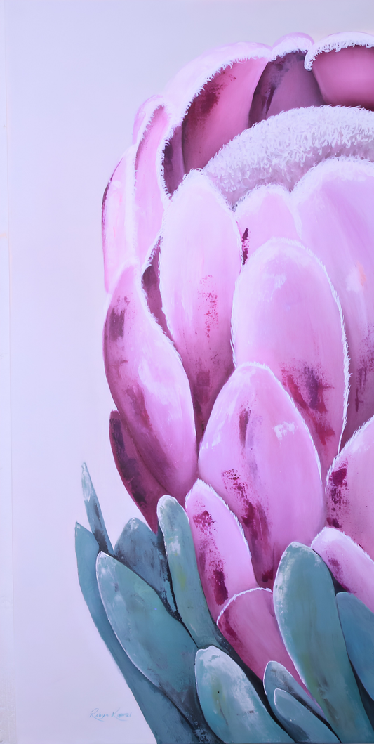 Robyn Kapral acrylic artwork depicting a close-up pink protea with soft green leaves and delicate botanical detail