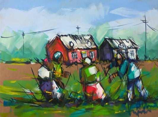 Acrylic painting of three children playing in tall grass near small houses under a bright blue sky.