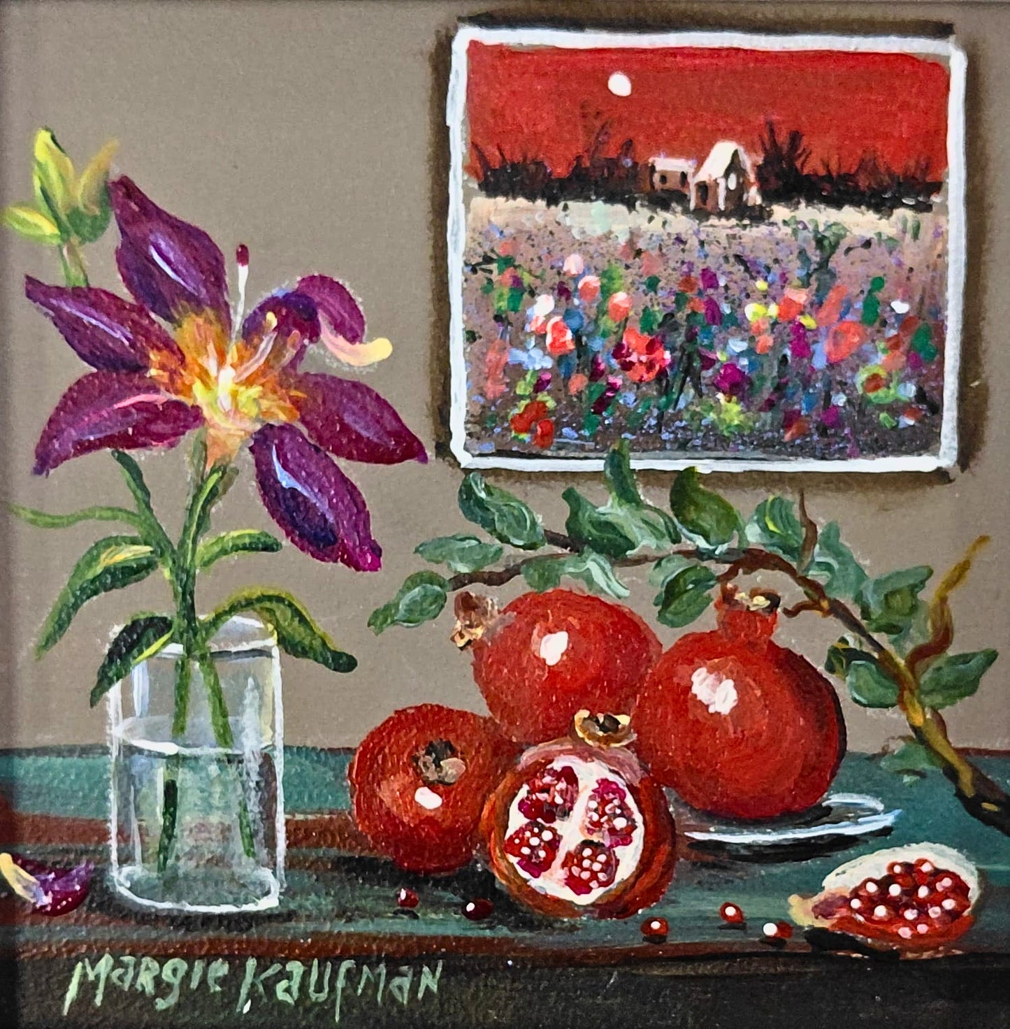 Oil painting of a lily in a vase, pomegranates (one split open), and a small moonlit field painting on the wall.