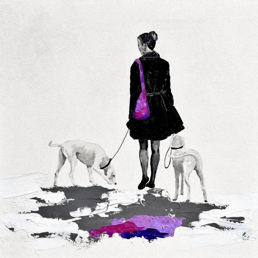 Lee Templeton original artwork featuring a woman seen from behind walking two dogs, with a vivid purple bag on a textured white ground.