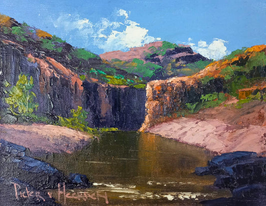 Oil painting of a rocky gorge with a still reflective pool, surrounded by dark cliffs and green shrubs under a soft sky.