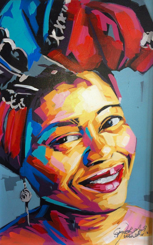 Vibrant mixed art with bold red, blue, and yellow strokes surrounding her face.