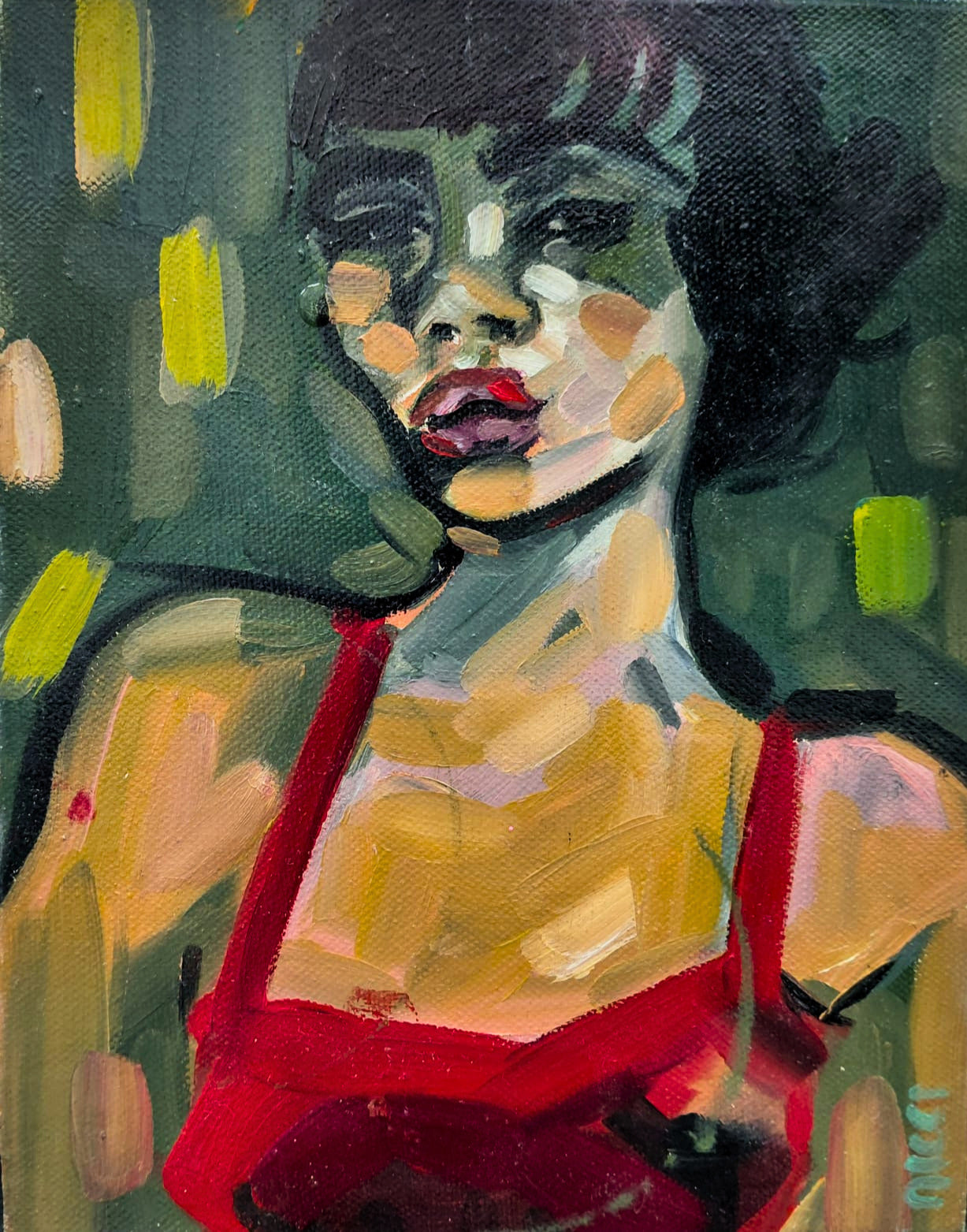 Acrylic portrait of a woman with closed eyes, wearing a red garment, against a deep green background.