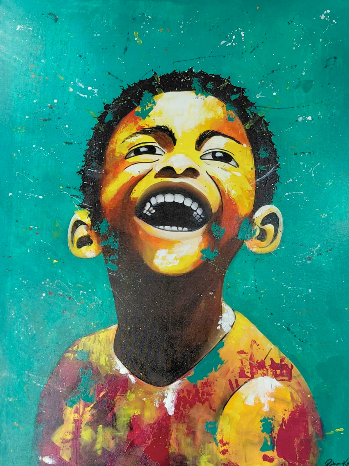 Acrylic painting of a laughing child against a turquoise background, with dynamic paint splatters and expressive brushwork.