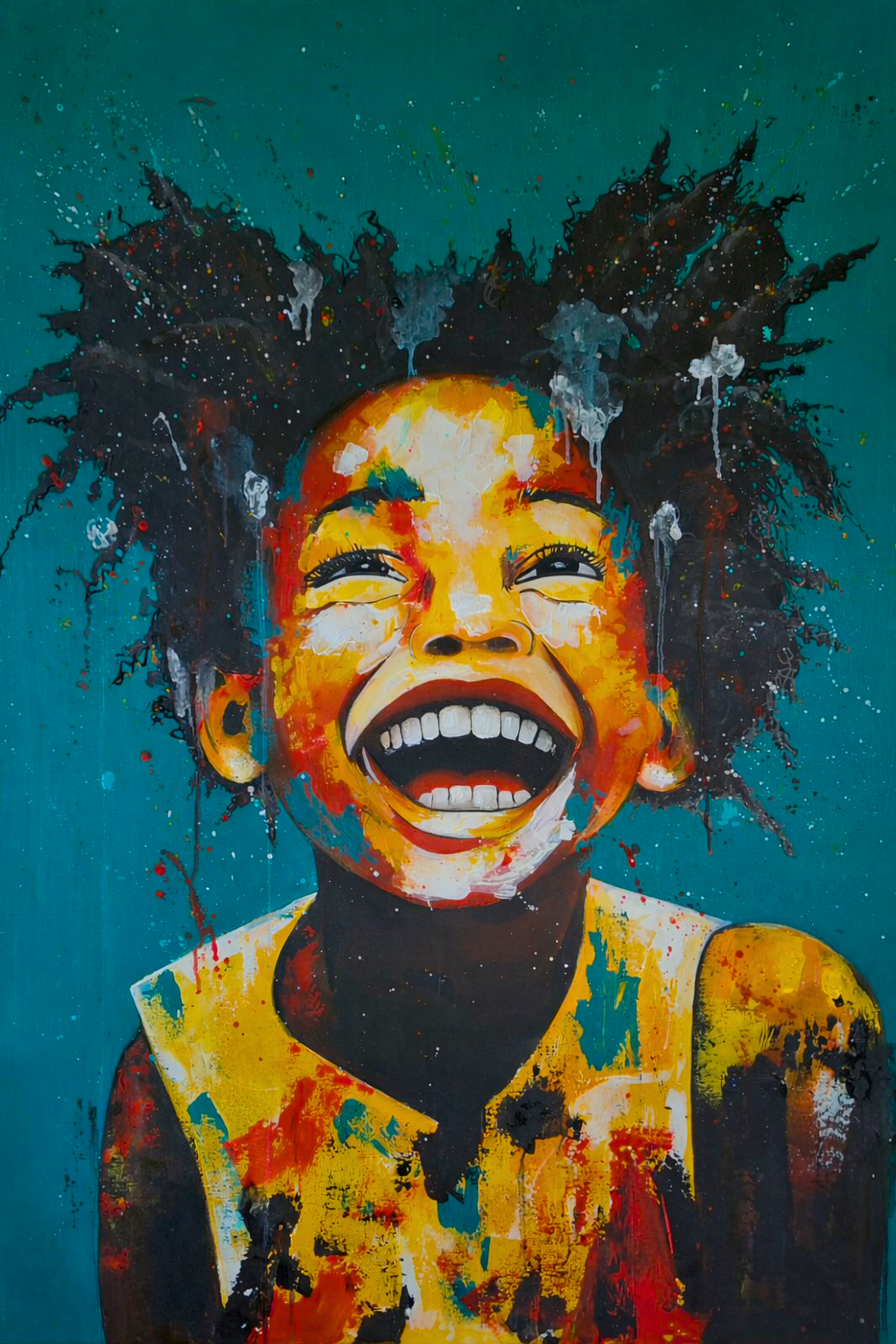 Acrylic painting of a laughing child against a teal background, with dynamic paint splatters and expressive brushwork.