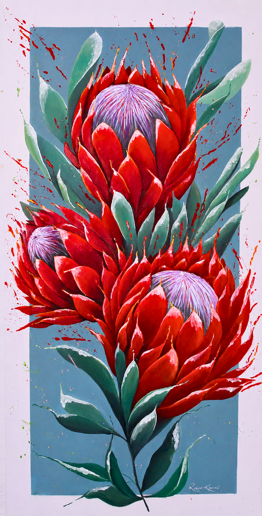 Robyn Kapral acrylic artwork depicting vibrant red protea flowers with green leaves and expressive paint splatter