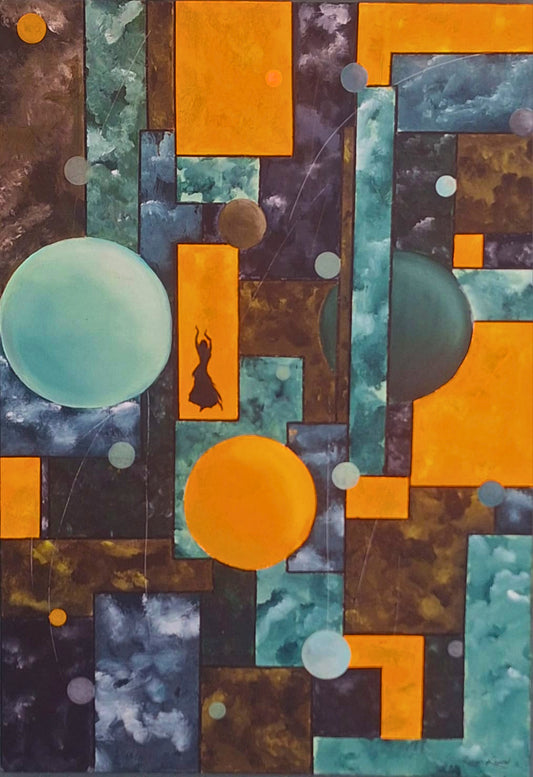 Acrylic painting of a geometric composition with blocks of orange, teal, and brown, featuring a small black silhouette of a figure dancing