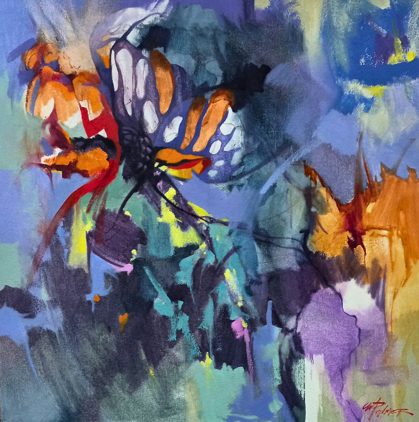 Vibrant mixed media abstract with bold blocks of blue, pink, yellow, and green, intersected by black linear motifs.