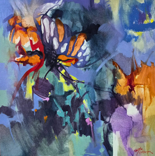 Vibrant mixed media abstract with bold blocks of blue, pink, yellow, and green, intersected by black linear motifs.