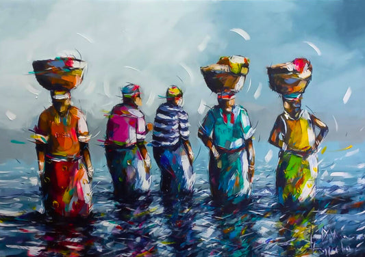 Acrylic painting of five African women walking through water with baskets on their heads, wearing colourful clothing against a grey sky.
