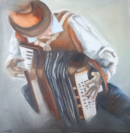 Oil painting of a man in a brown hat and vest playing an accordion, rendered in warm, textured brushstrokes with a soft, misty background.