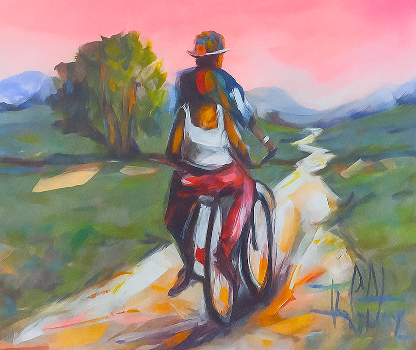 Original acrylic painting of a man riding a bicycle down a scenic country road at sunrise, with rolling green hills and a pink sky in the background.