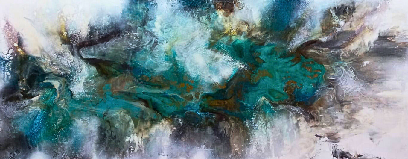 Wide-format mixed media abstract with layered teal, brown, and white tones, evoking a flowing river or geological strata.