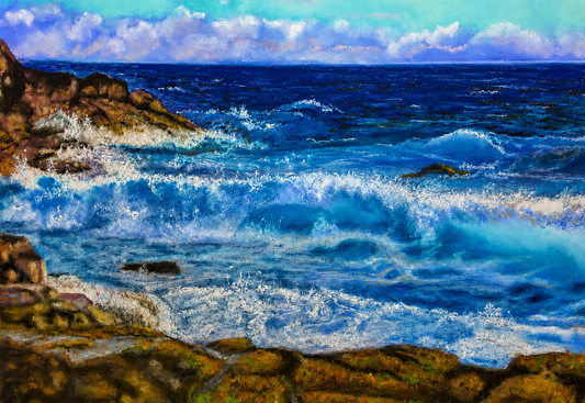 Gary Streak original oil artwork featuring crashing ocean waves along a rocky shoreline under a bright blue sky.