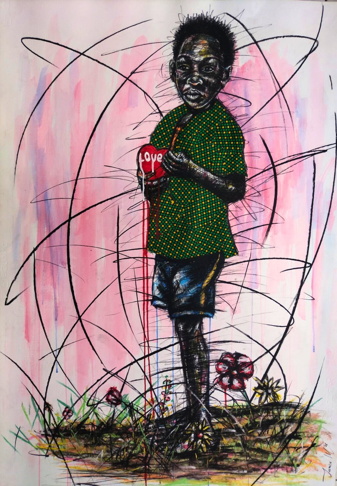 Mixed media of a standing African child holding a green heart with “love” written on it, against a pink and lavender background
