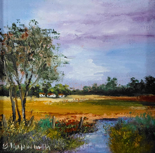 Oil painting of a winding dirt path through golden fields with trees and distant farmhouses under a soft sky.