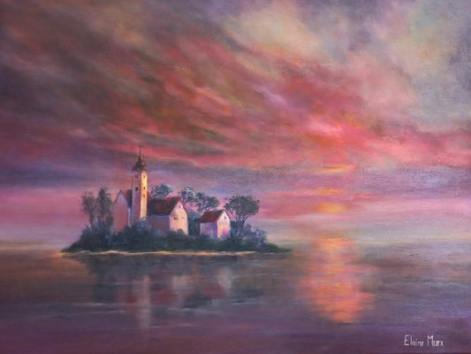 Oil painting of a small island with a church and cottage at sunset, surrounded by calm water reflecting the pink and purple sky.