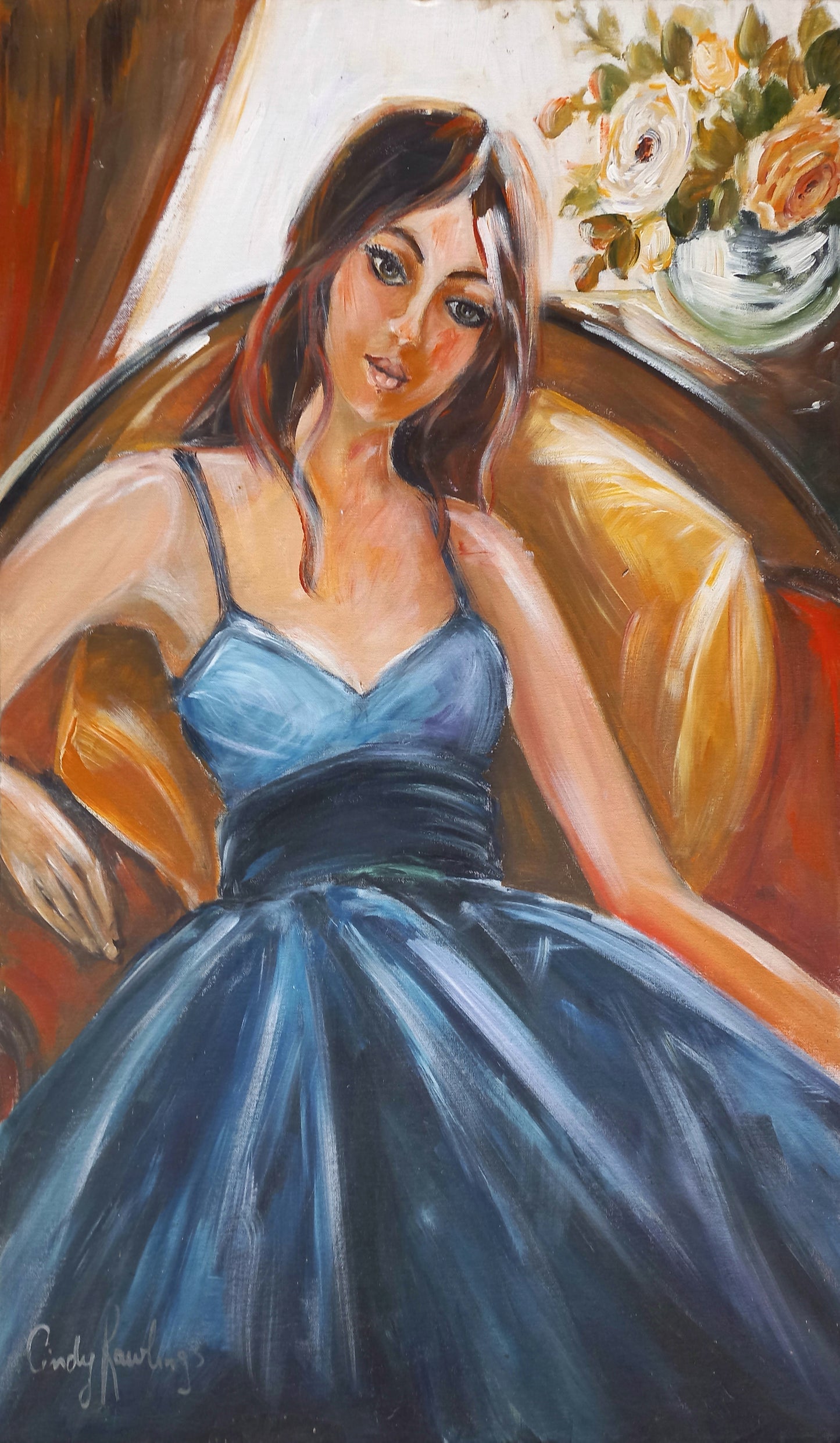 Oil painting of a woman in a flowing blue dress, seated gracefully with a bouquet of flowers behind her, painted in warm, soft tones.