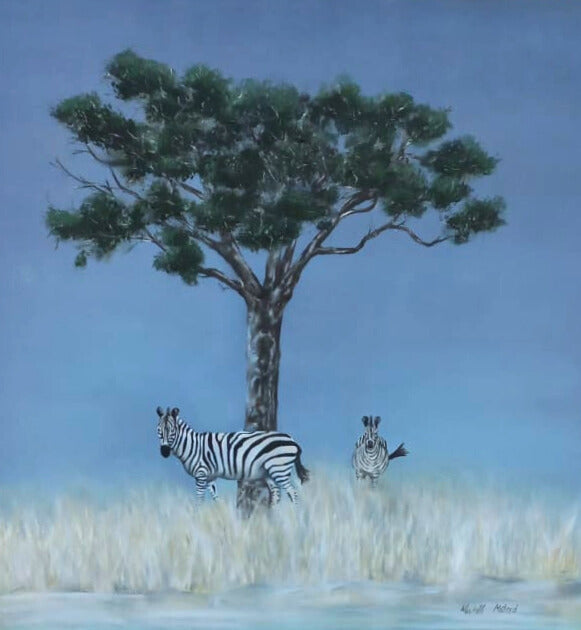 Acrylic painting of two zebras standing under a large green tree in a golden grassy field, under a soft blue sky.