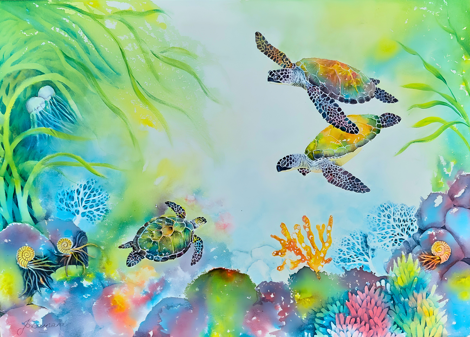 Jo Bernard original artwork featuring sea turtles gliding through a colourful underwater reef with coral, jellyfish and marine plant life.