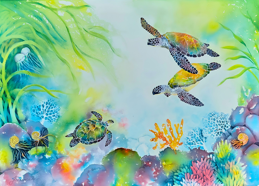 Jo Bernard original artwork featuring sea turtles gliding through a colourful underwater reef with coral, jellyfish and marine plant life.
