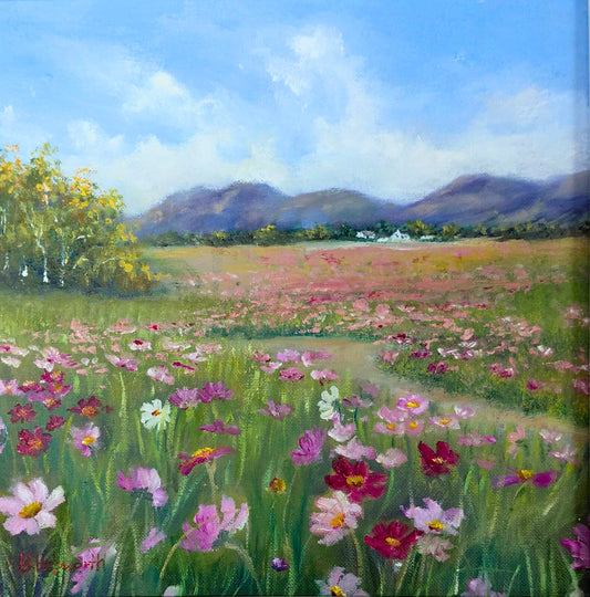Oil painting of a field filled with pink and white cosmos flowers, with distant mountains and a blue sky.