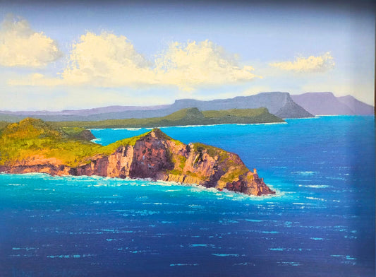 Large oil painting of Cape Point with rugged cliffs, turquoise sea, and distant mountains under a cloudy sky.