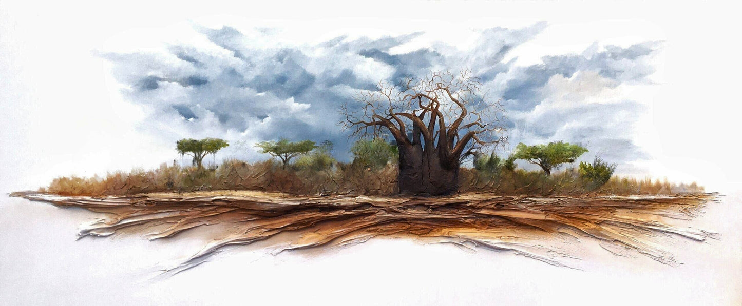 Mixed media painting of a large baobab tree under a stormy sky, surrounded by smaller trees and dry earth.