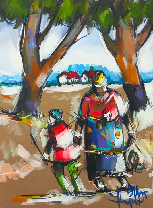 Acrylic painting of a mother and child standing beneath a large tree, with houses visible in the distance under a blue sky.