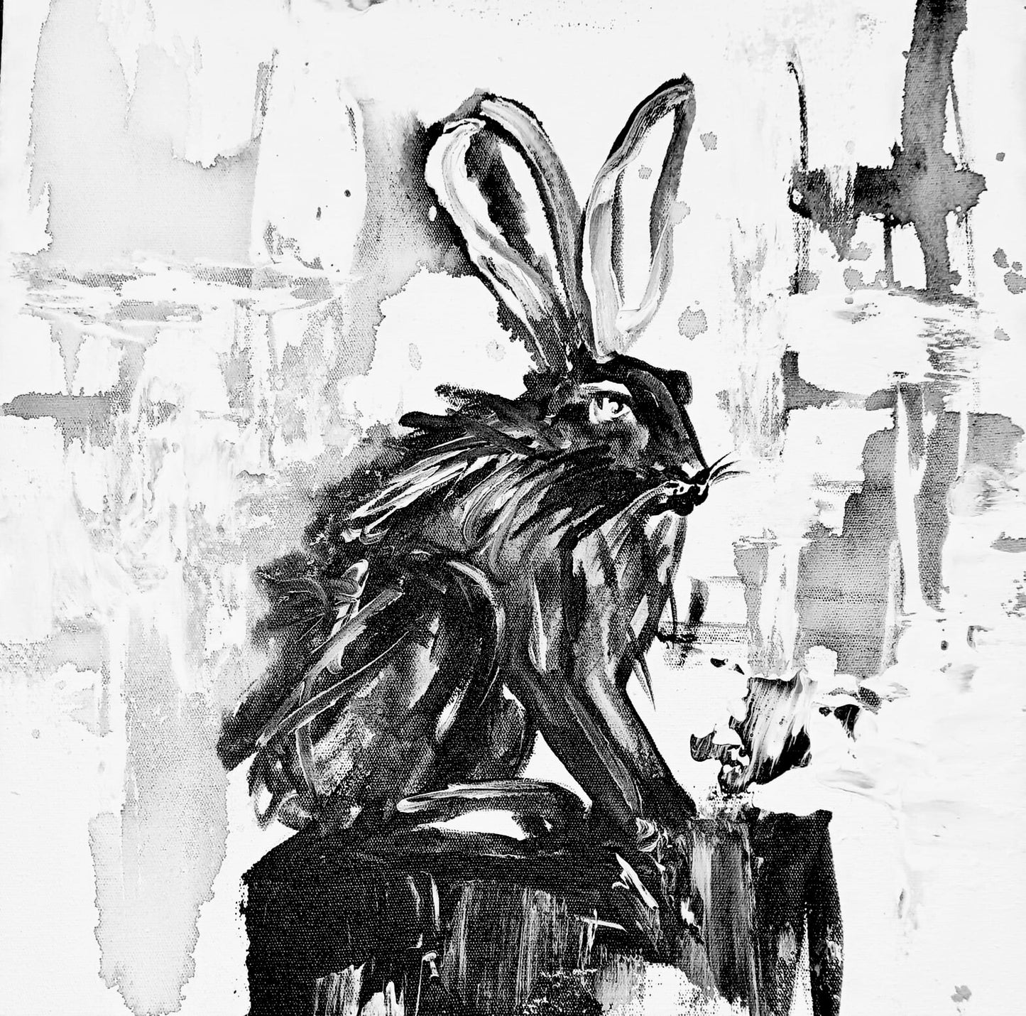 Monochrome mixed media painting of a hare sitting upright, rendered in bold black and white brushstrokes against a textured grey background.
