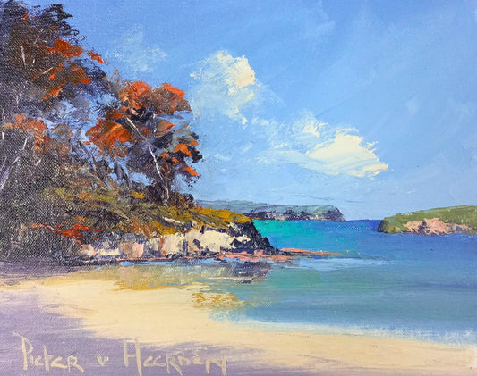 Oil painting of a sheltered coastal cove with autumn-coloured trees, turquoise water, and sandy shore under a bright blue sky.