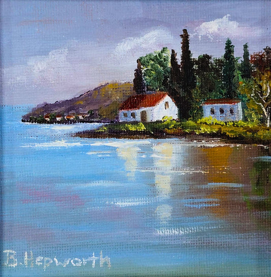 Oil painting of two white cottages by the sea, with reflections in calm water and distant hills.